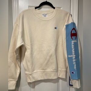 NWT Champion Heavyweight Reverse Weave Knit Sleeve Logo Cream Crew Neck Size M